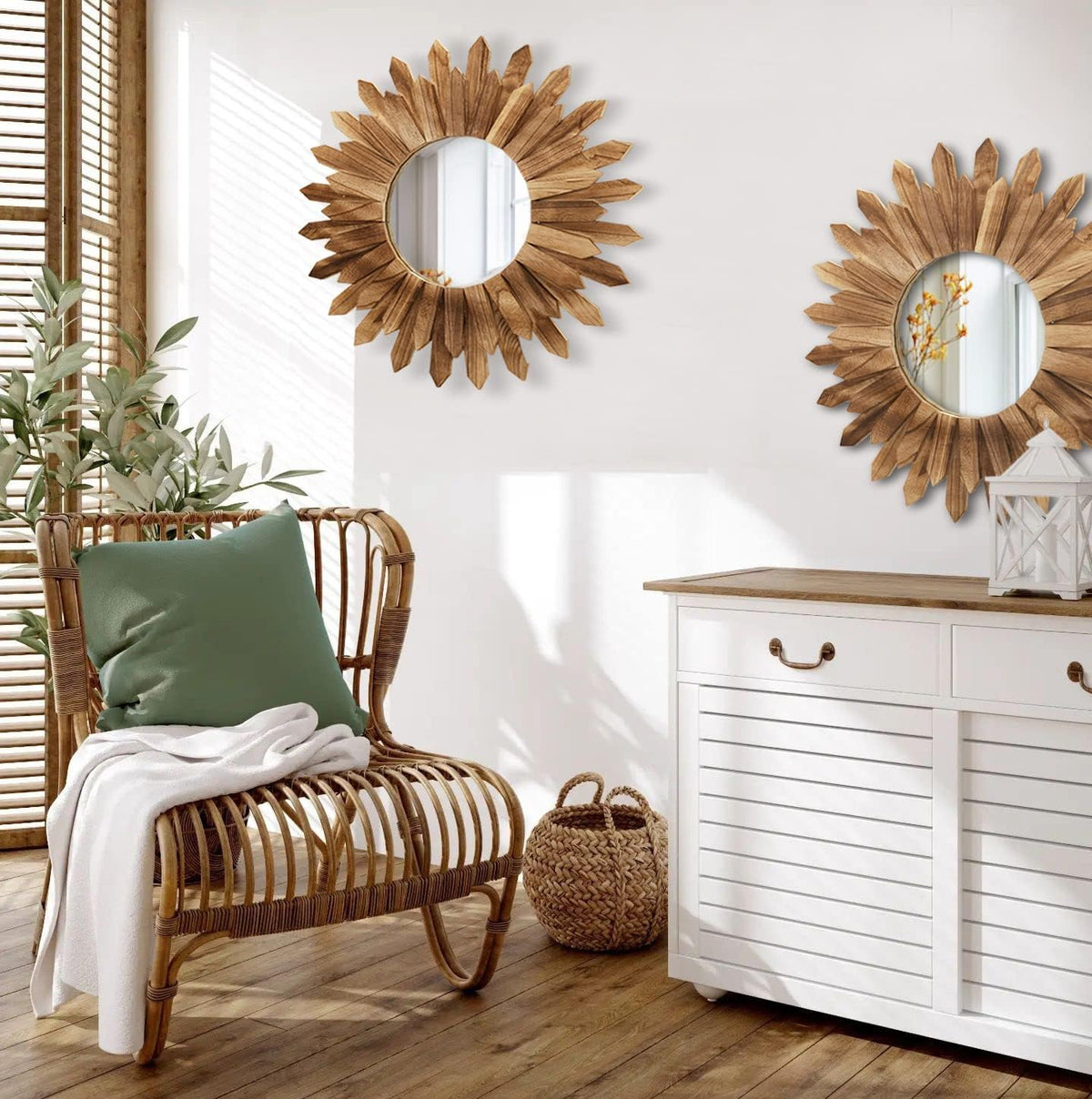 LOSOUR 2 Pack 22 Inch Boho Wall Sunburst Mirror Rustic Round Wood Decorative Mirror Boho Wall Art