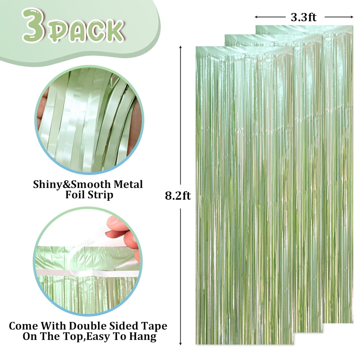 3 Pack 3.3 x 8.2 ft Sage Green Foil Fringe Backdrop Curtains, Tinsel Streamers Party Decorations