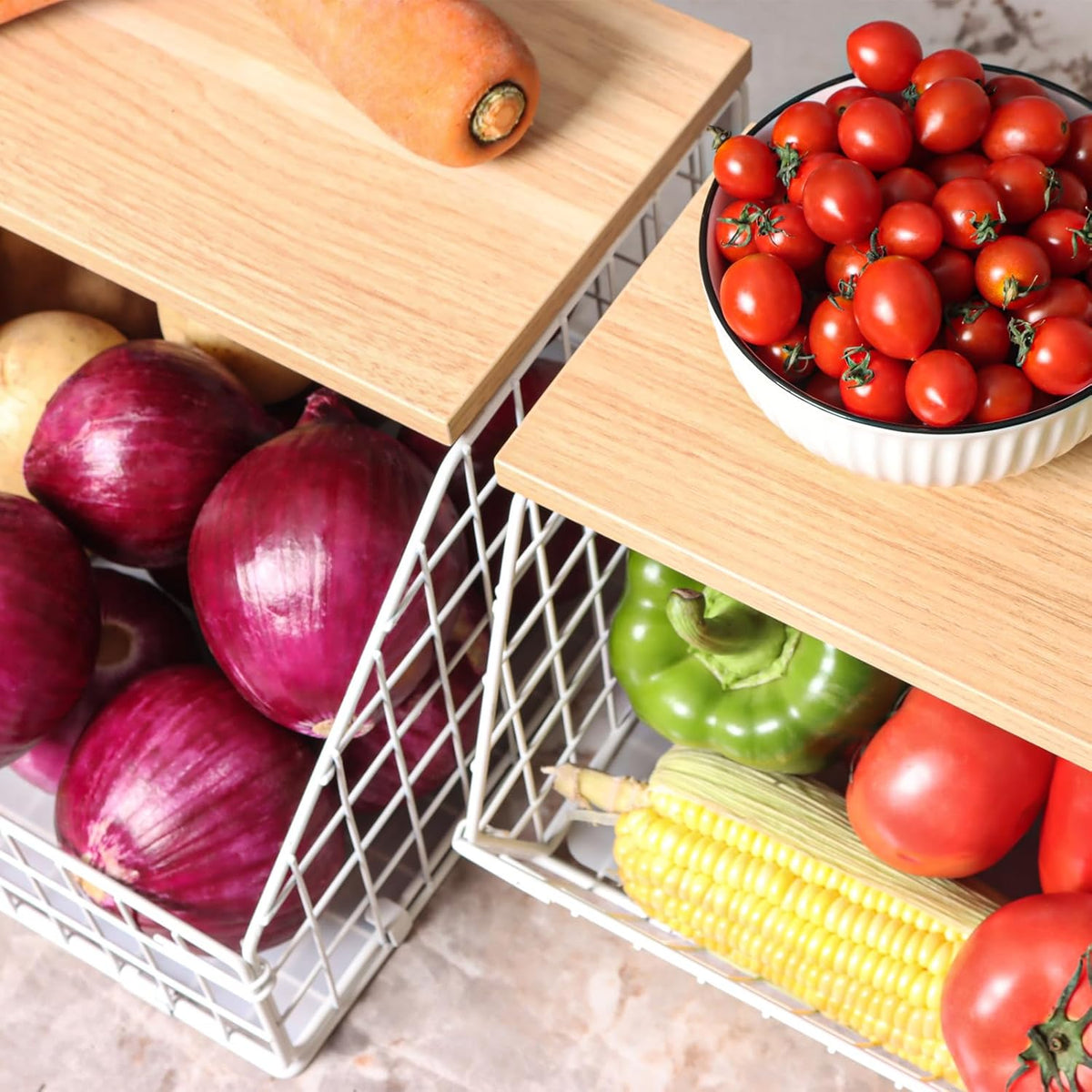 White Fruit Bowl, 2-Tier Fruit Basket for Kitchen Counter, Stackable Wall Mounted Veggie Storage