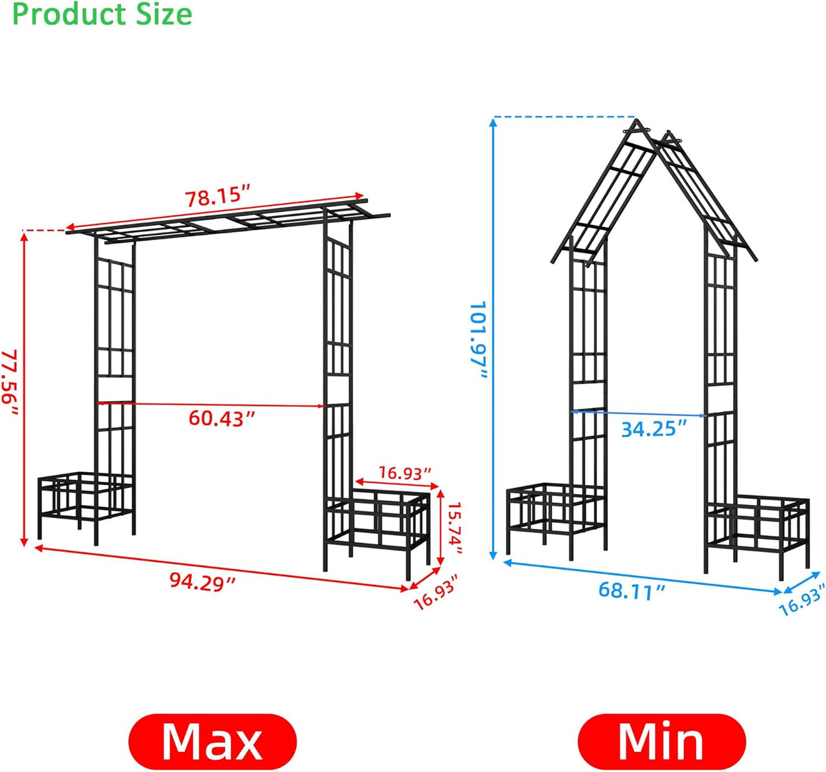 Metal Garden Arch with Plant Box Adjustable Width W68.11'' ~W94.29'' Garden Trellis Climbing Plants