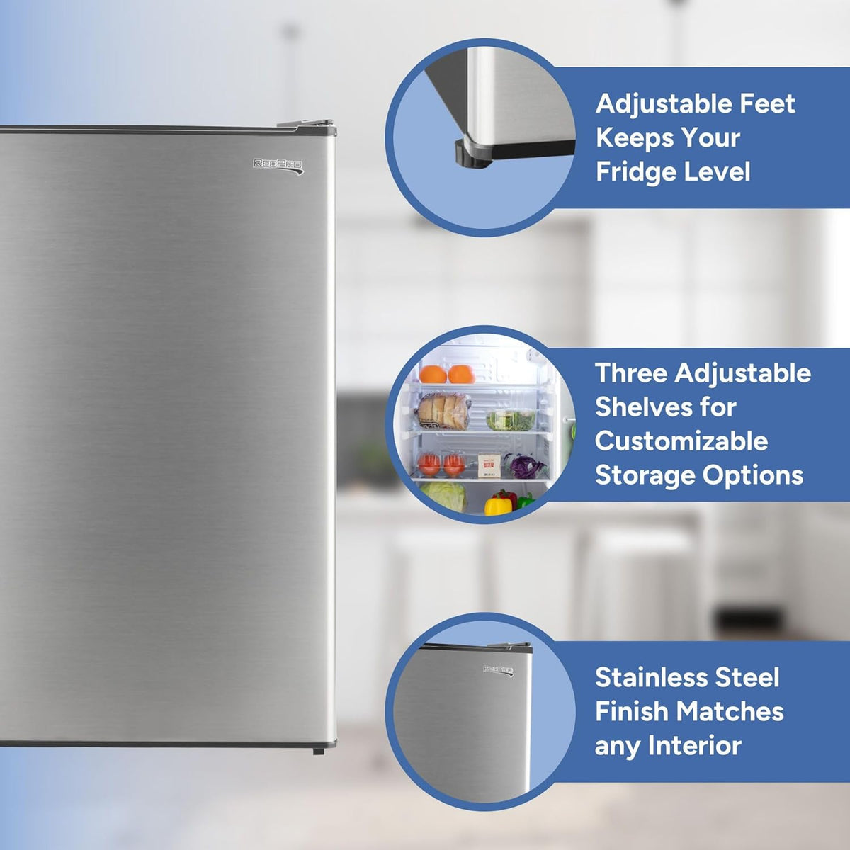 RecPro 3.3 Cu Ft 12V RV Refrigerator | Stainless Steel Frost-Free Fridge with Can Holder | Compact
