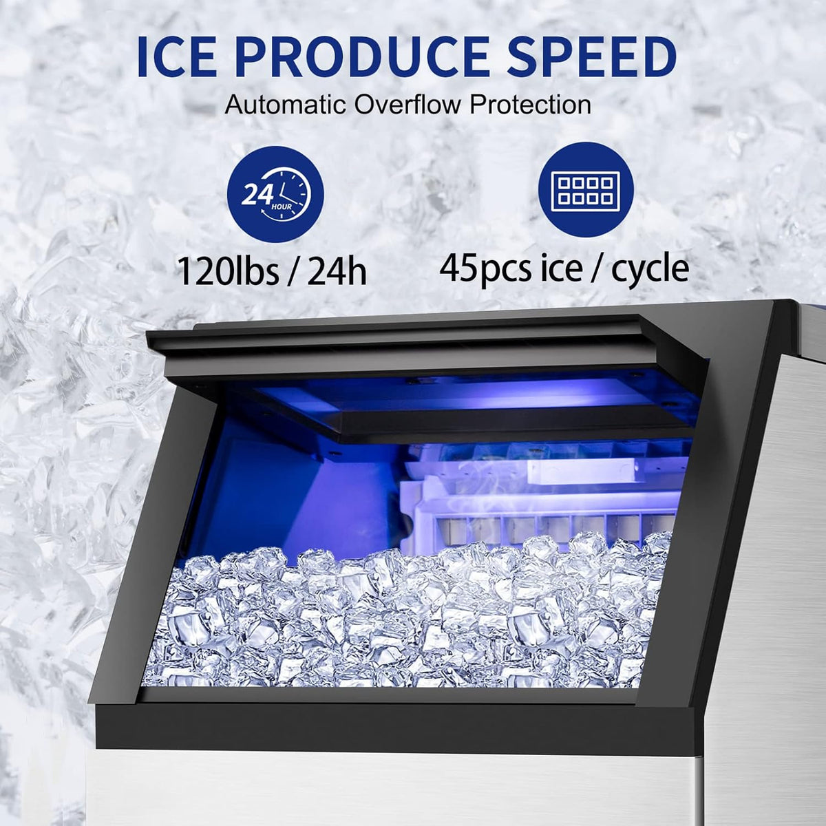 Commercial Ice Maker Machine 120Lbs/24H with 35Lbs Ice Capacity, 45Pcs Clear Ice Cubes Ready in