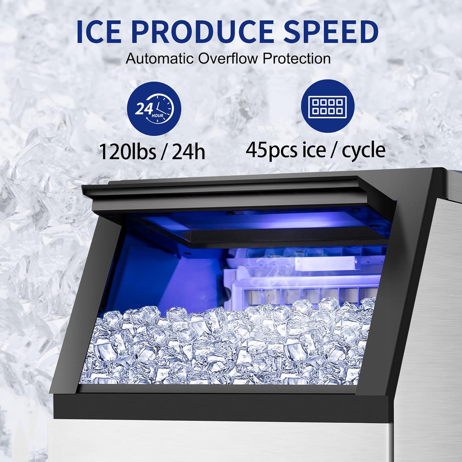 Commercial Ice Maker Machine 120Lbs/24H with 35Lbs Ice Capacity, 45Pcs Clear Ice Cubes Ready in