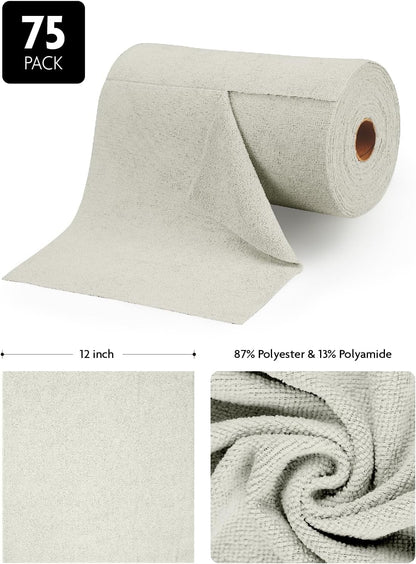 Fantasticlean Microfiber Cleaning Cloth Roll -75 Pack, Tear Away Microfiber Towels, 12" x 12"