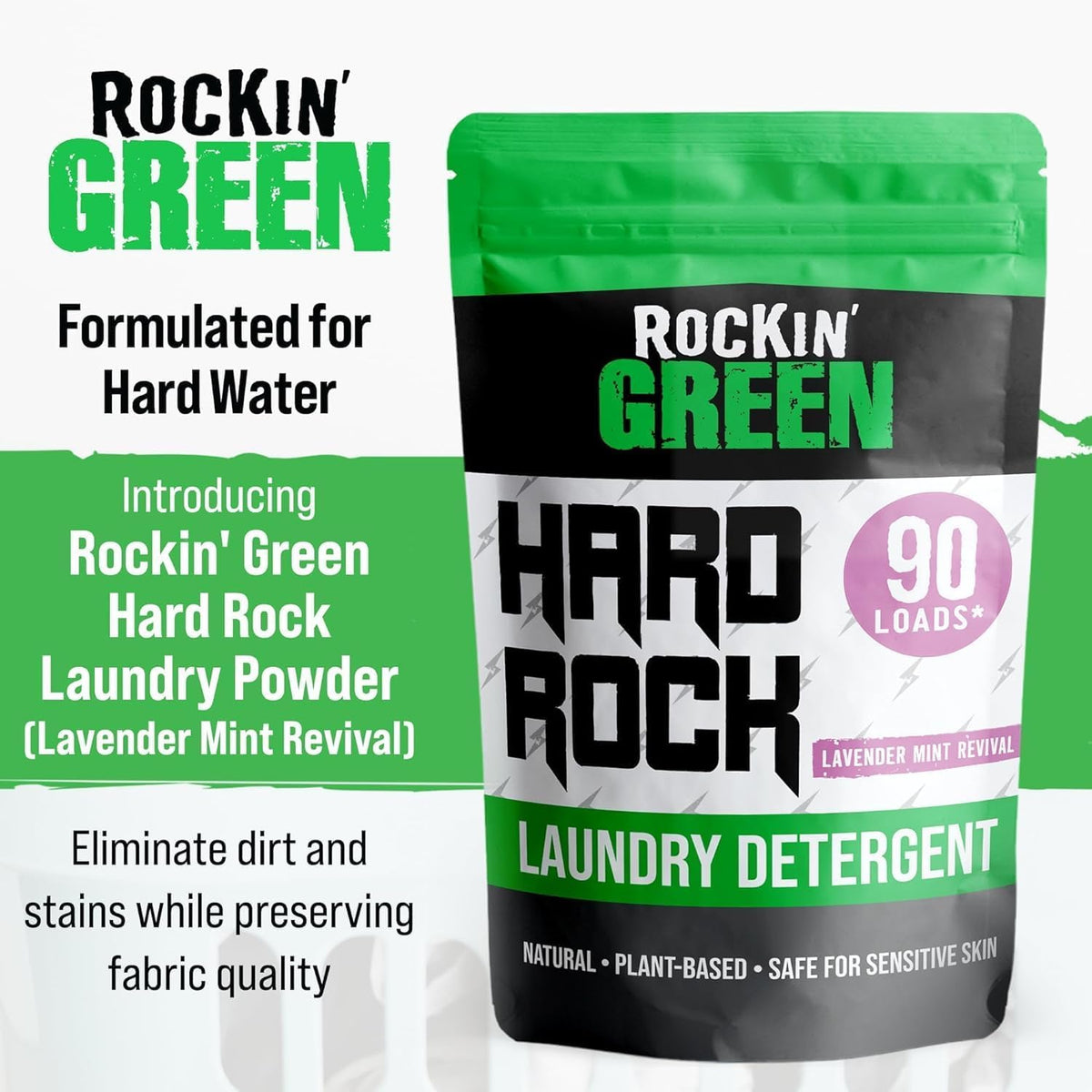 Rockin' Green Hard Rock Laundry Detergent for Hard Water (90 Loads), Plant based, Natural Laundry