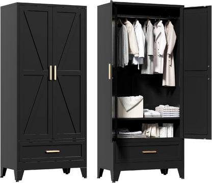 71'' Black Farmhouse Metal Wardrobe Cabinet with Hanging Rod, 2 Barn Door Wardrobe Closet with