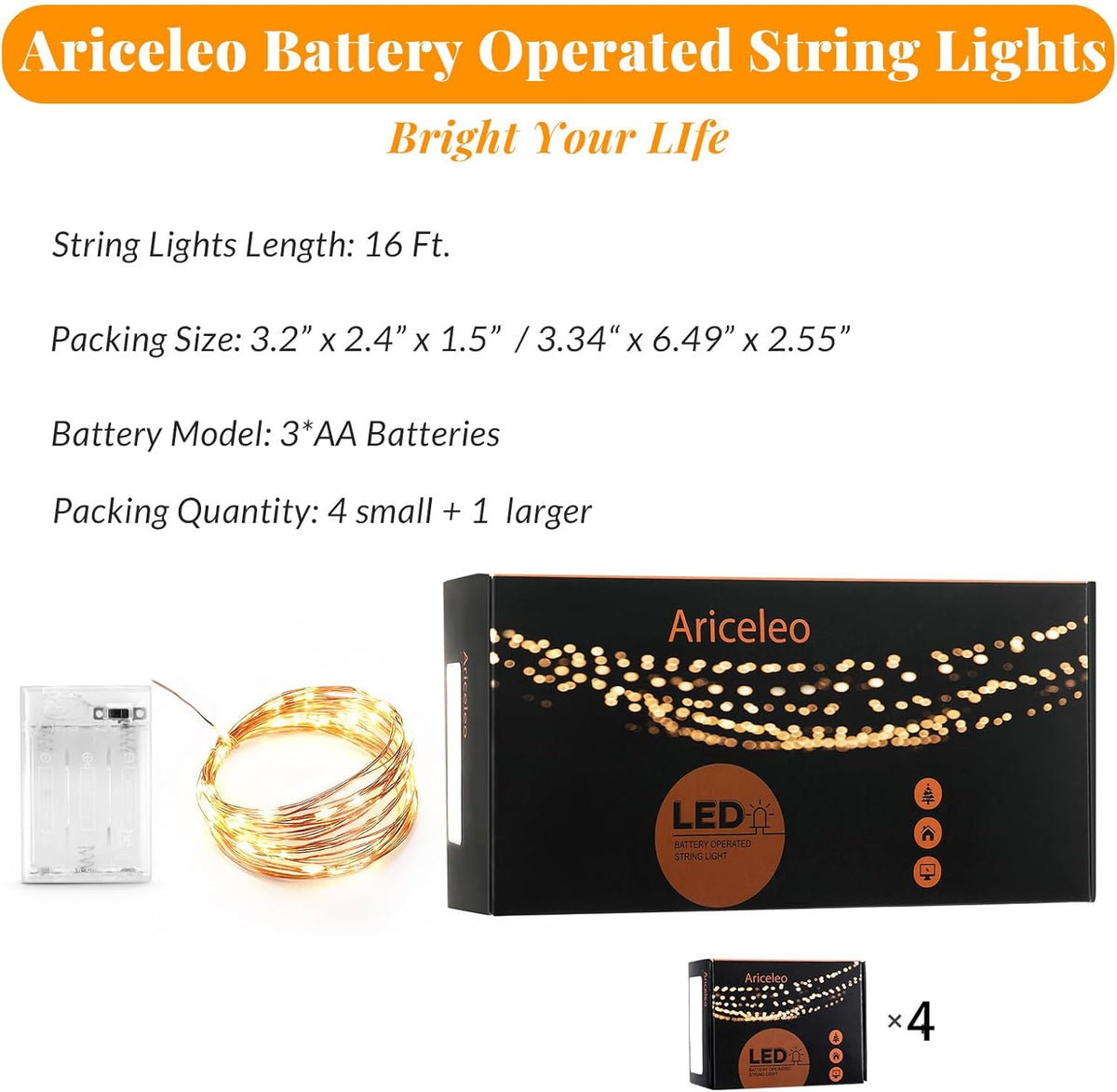 Led Fairy Lights Battery Operated, 4 Packs Mini Battery Powered Copper Wire Starry Fairy Lights for