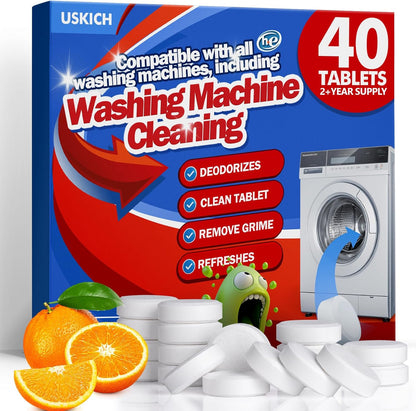USKICH Washing Machine Cleaner Descaler 40 Pack-Deep Cleaning Tablets For HE Front Loader & Top