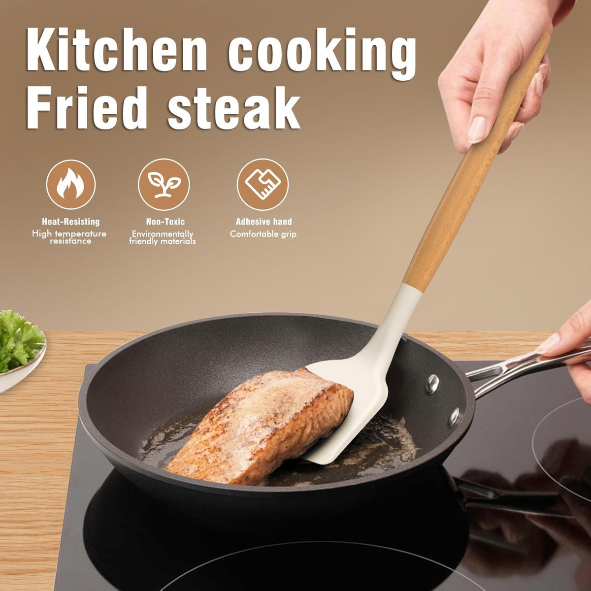 Silicone Cooking Utensils Set - Silicone Kitchen Utensils for Cooking Wooden Handles, 446°F Heat