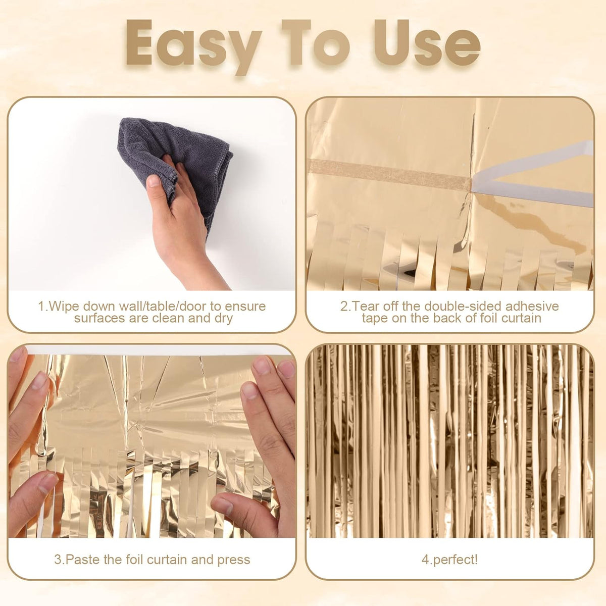 3 Pack 3.3x8.2 Feet Champagne Foil Fringe Backdrop Curtains, Tinsel Streamers Birthday Party