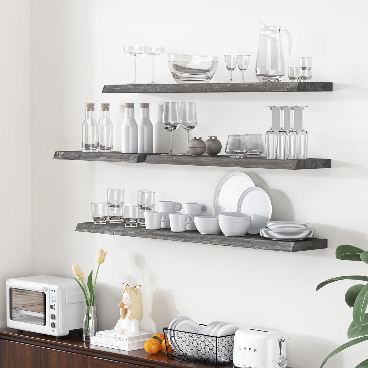 Fun Memories Floating Shelves for Wall, 48"x9.3" Rustic Solid Live-Edge Elm Wood Wall Shelves