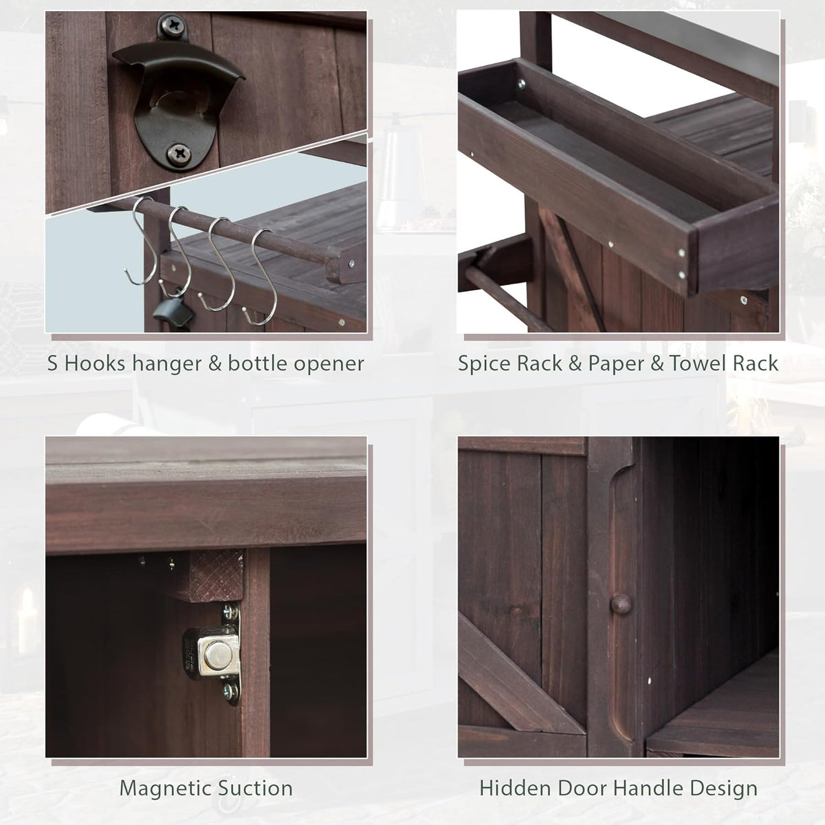 Farmhouse Solid Wood Grill Table with Stainless Steel Top, Outdoor Rolling Bar Cart & Storage