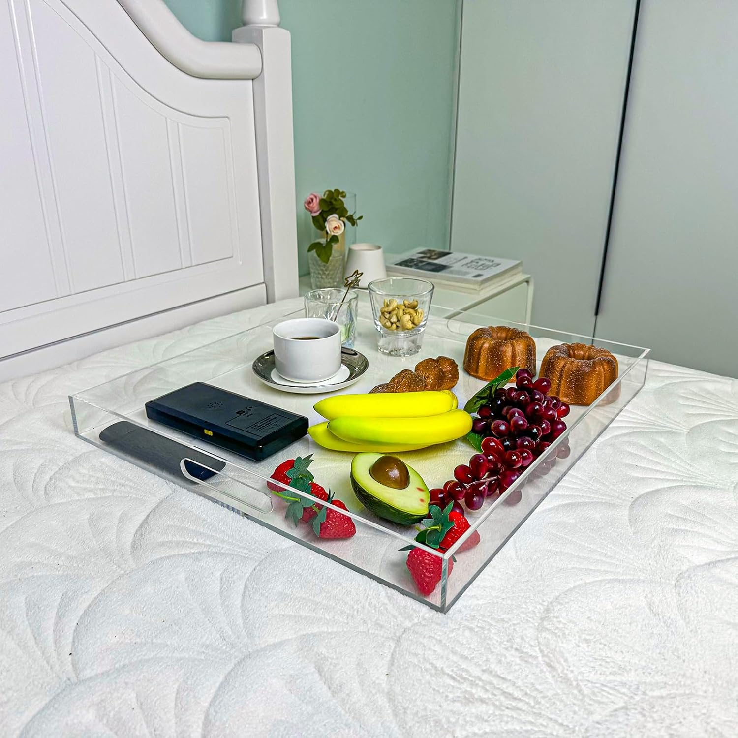 Clear Rectangular 18x20 Inches Acrylic Ottoman Tray Decorative Serving Tray with Cutout Handles