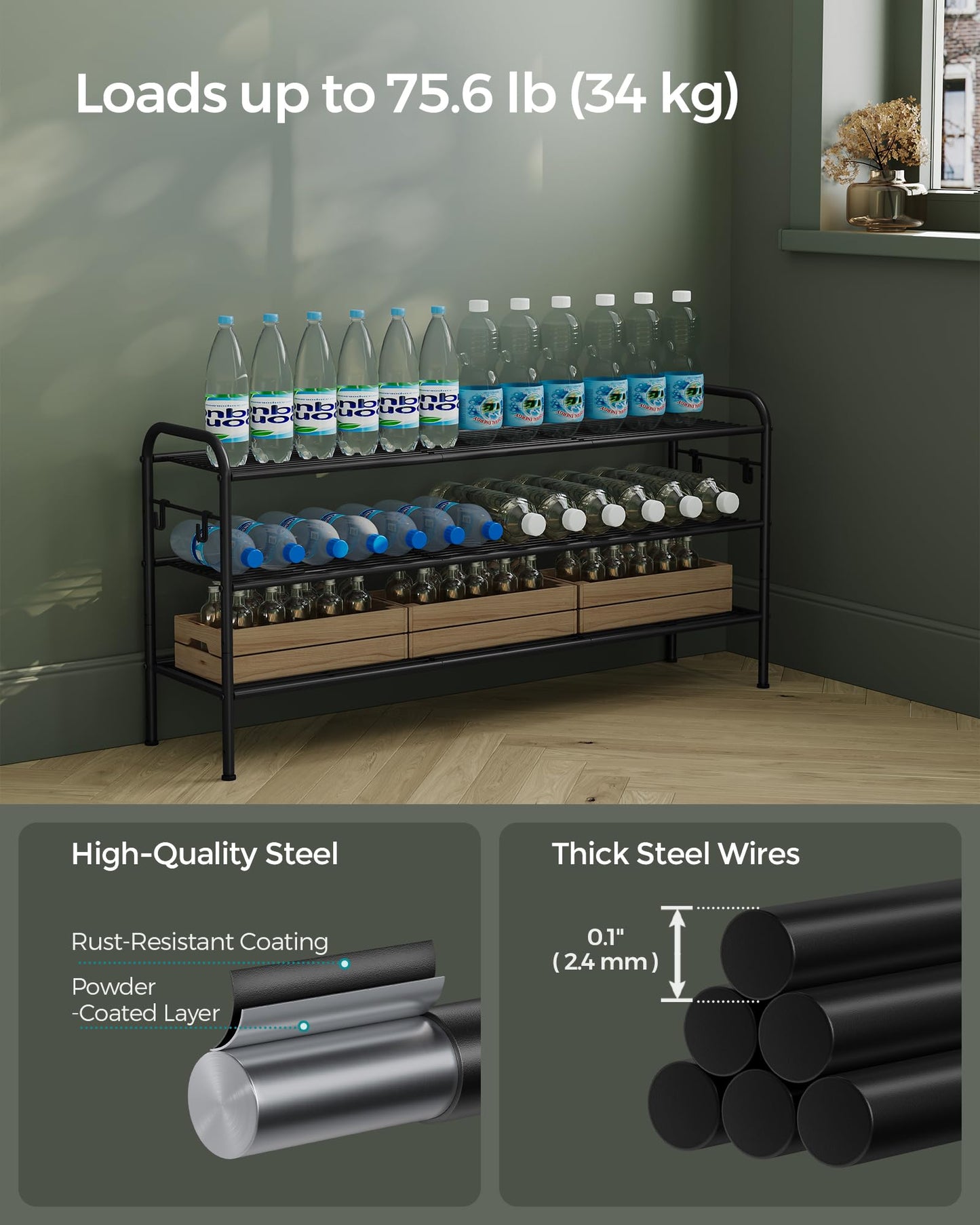 SONGMICS Shoe Rack, 3-Tier Shoe Organizer, Metal Shoe Shelf Storage with 4 Side Hooks, Holds 24