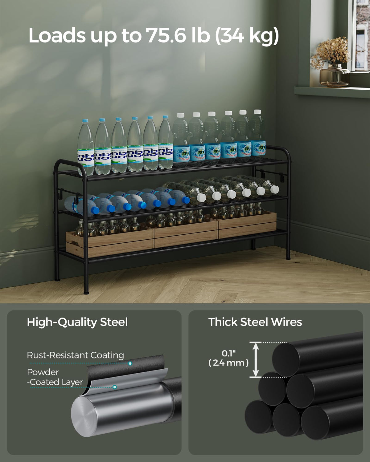 SONGMICS Shoe Rack, 3-Tier Shoe Organizer, Metal Shoe Shelf Storage with 4 Side Hooks, Holds 24
