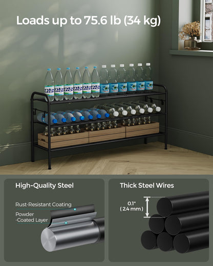 SONGMICS Shoe Rack, 3-Tier Shoe Organizer, Metal Shoe Shelf Storage with 4 Side Hooks, Holds 24