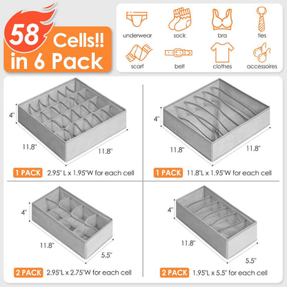 6 Pack Sock Underwear Drawer Organizer Dividers, 58 Cell Foldable Fabric Dresser Closet Organizers