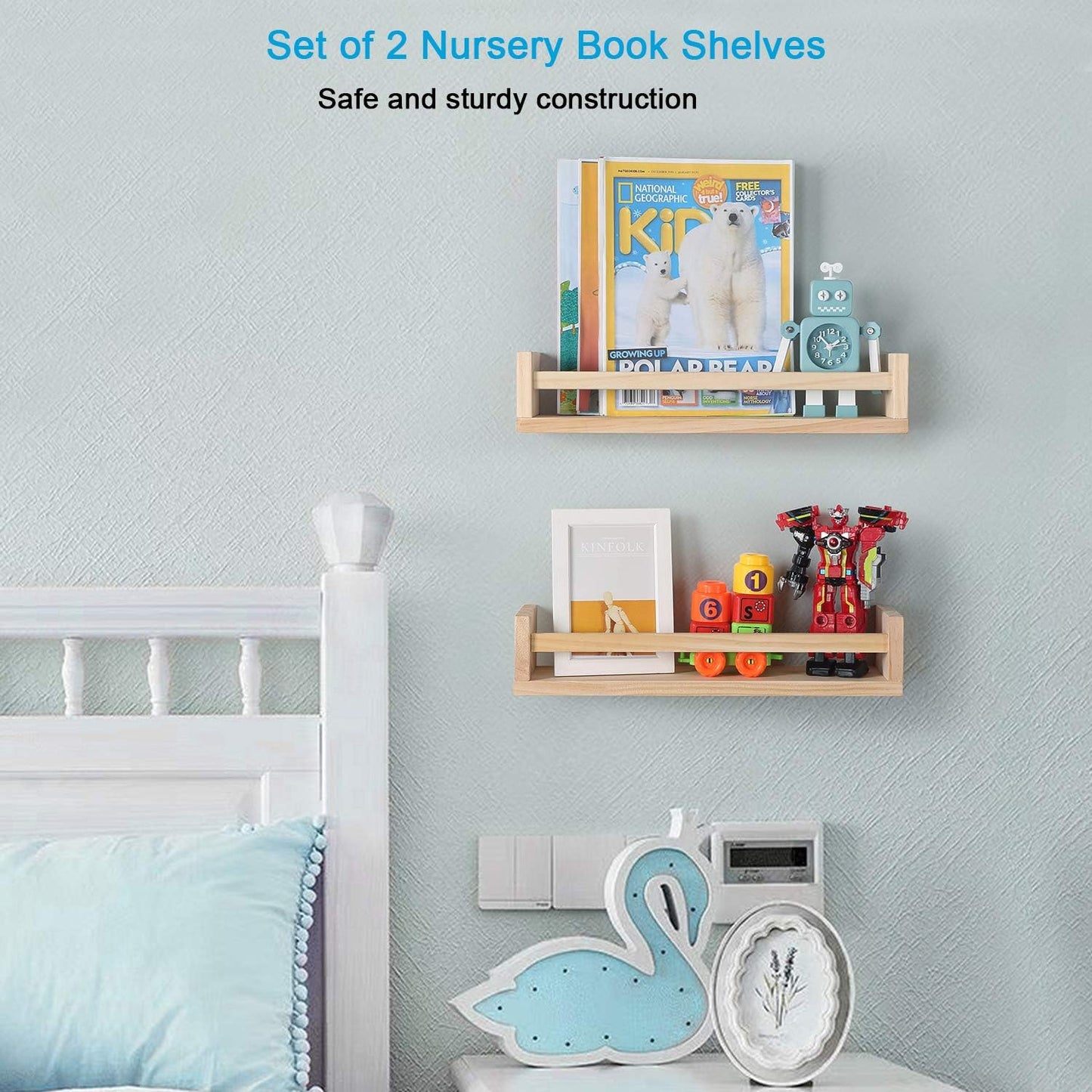 Nursery Floating Book Shelves for Kids Room, Kitchen Spice Rack, or Rustic Wall Mounted Shelves for
