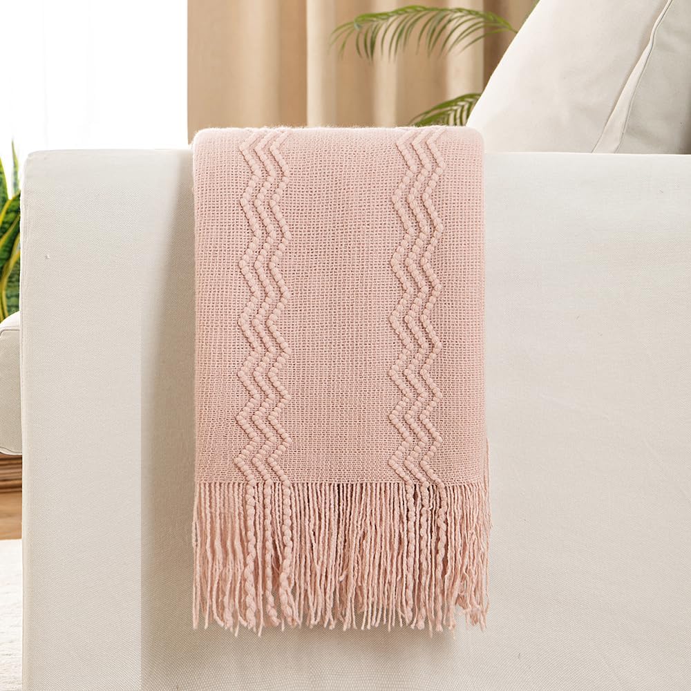 MIULEE Light Pink Knitted Throw Blanket for Couch Bed, Boho Textured Cozy Woven Decorative