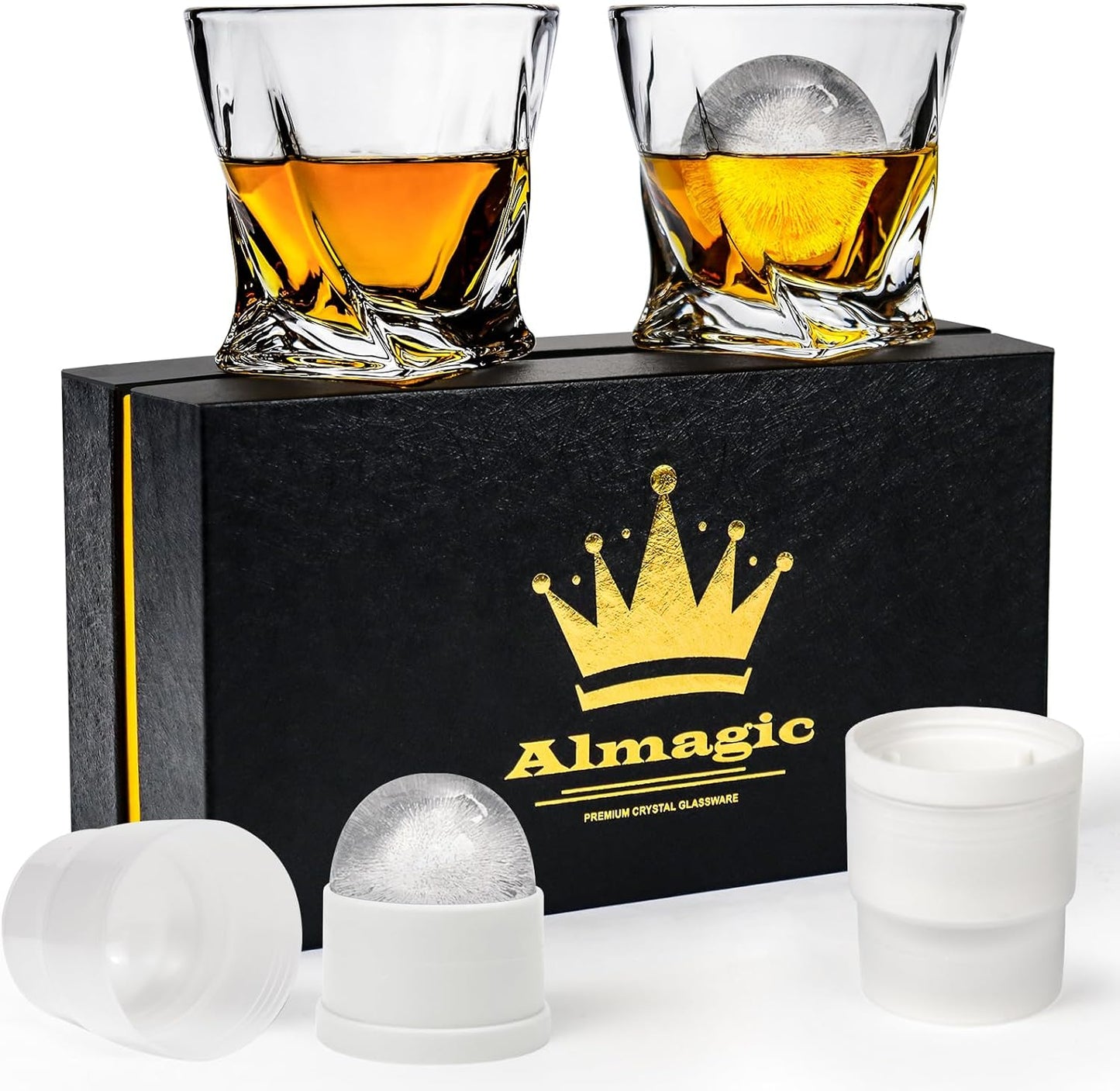 Crystal Whiskey Glasses Set of 2 with Ice Ball Molds, 11 Oz Old Fashioned Glasses Packaged in