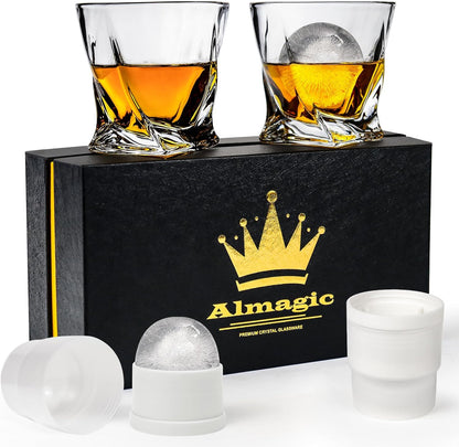 Crystal Whiskey Glasses Set of 2 with Ice Ball Molds, 11 Oz Old Fashioned Glasses Packaged in