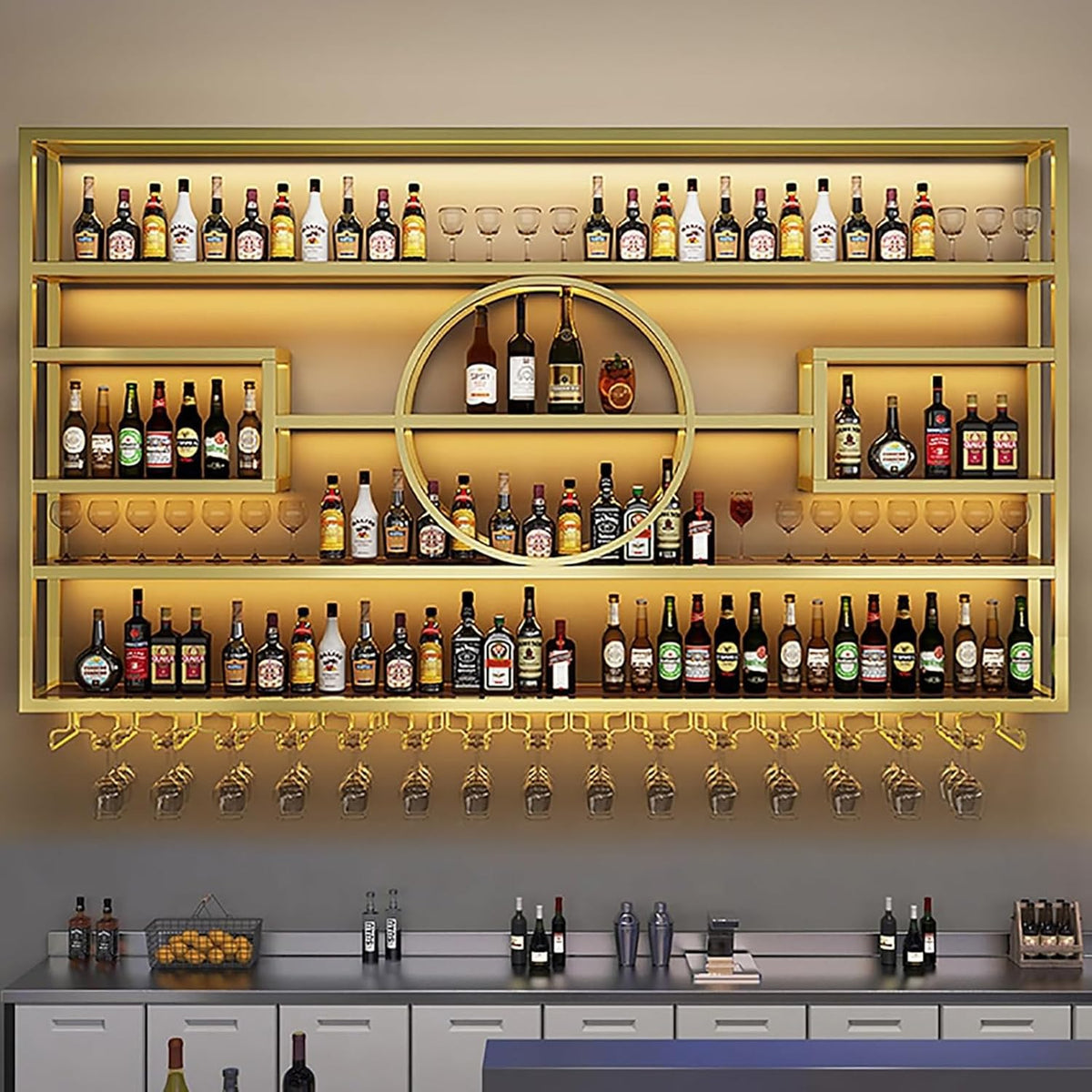 55.1in Wall Mounted Wine Rack, Modern Metal Wine Bottle and Glass Holder, Iron Display Stand