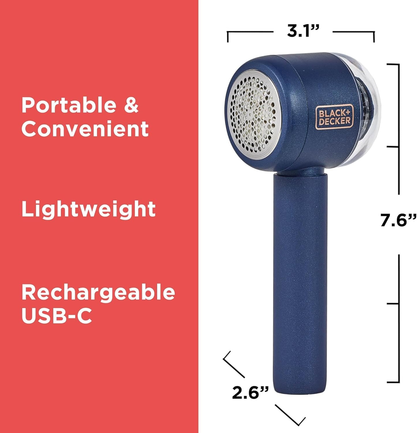 BLACK+DECKER Rechargeable USB-C Fabric & Garment Shaver – Large Capacity Lint Remover for Clothing