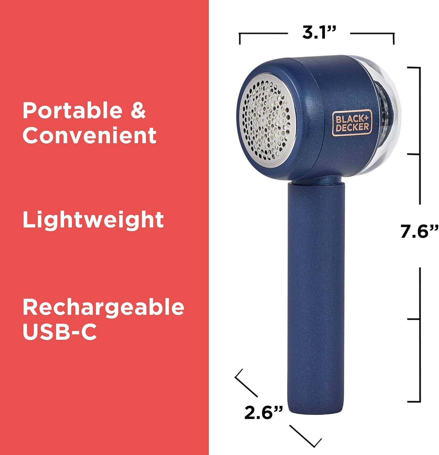 BLACK+DECKER Rechargeable USB-C Fabric & Garment Shaver – Large Capacity Lint Remover for Clothing