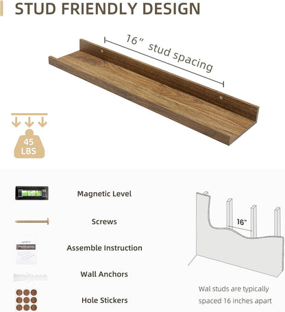 Picture Ledge Shelf, Wood Floating Shelves Set of 4, 24 inch Picture Ledge Shelves, Photo Ledge