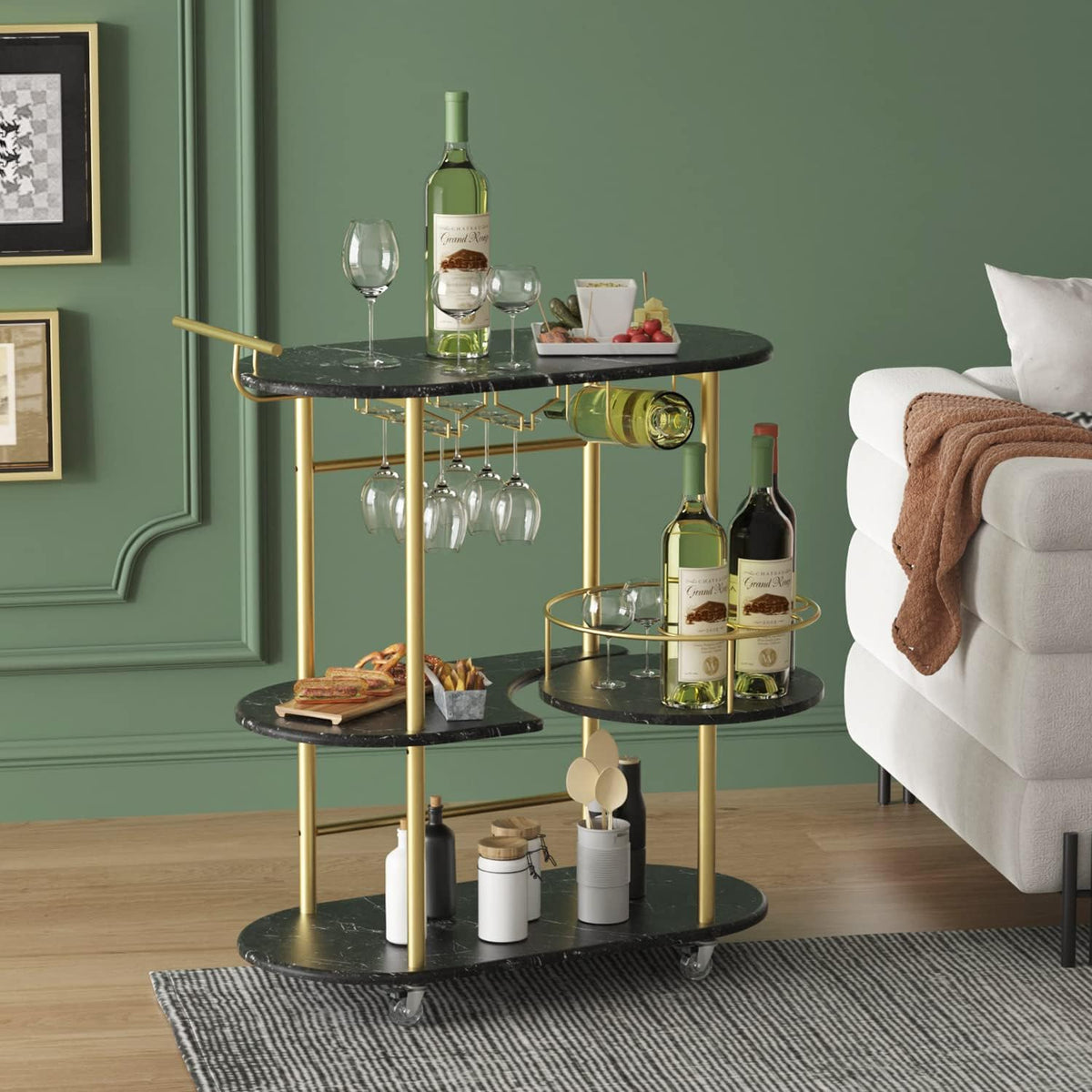 Black Bar Carts with 4-Tier Storage Shelves, Mobile Bar Serving Cart with Wine Rack and Glass