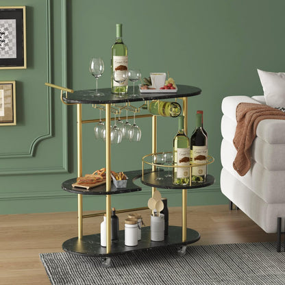 Black Bar Carts with 4-Tier Storage Shelves, Mobile Bar Serving Cart with Wine Rack and Glass