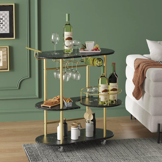 Black Bar Carts with 4-Tier Storage Shelves, Mobile Bar Serving Cart with Wine Rack and Glass