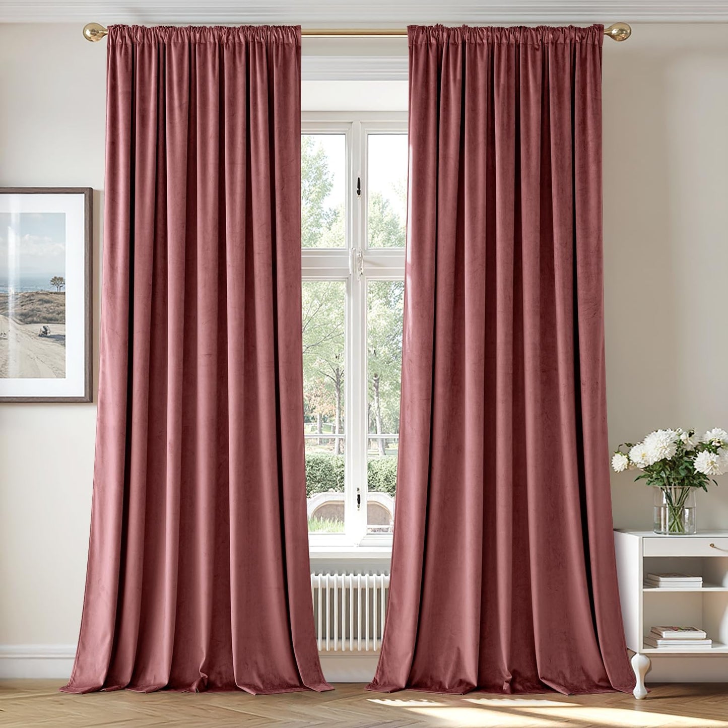MIULEE Dusty Rose Pink Velvet Curtains 96 Inches Long, Thermal Insulated Blackout Drapes for