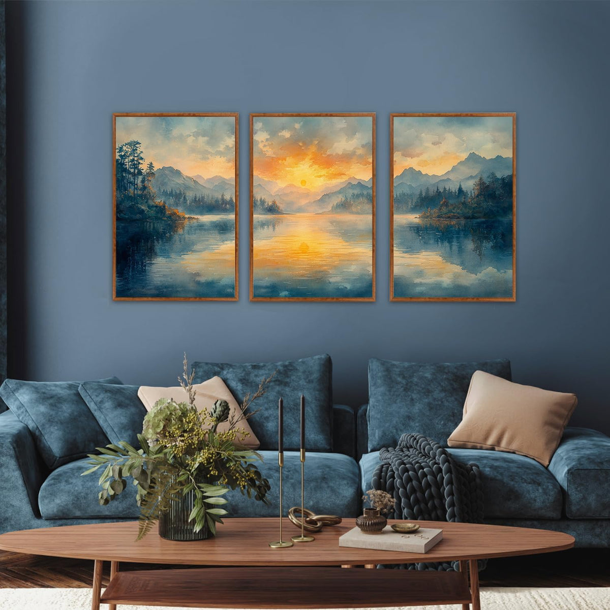 KAlRNE Sunset Mountain Canvas Wall Art,Abstract Scenery Wall Painting,Blue Landscape Lake