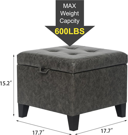 Adeco Faux Leather Storage Ottoman Bench with Wood Legs, 17.7" Square Mixed Grey PU Cube Foot
