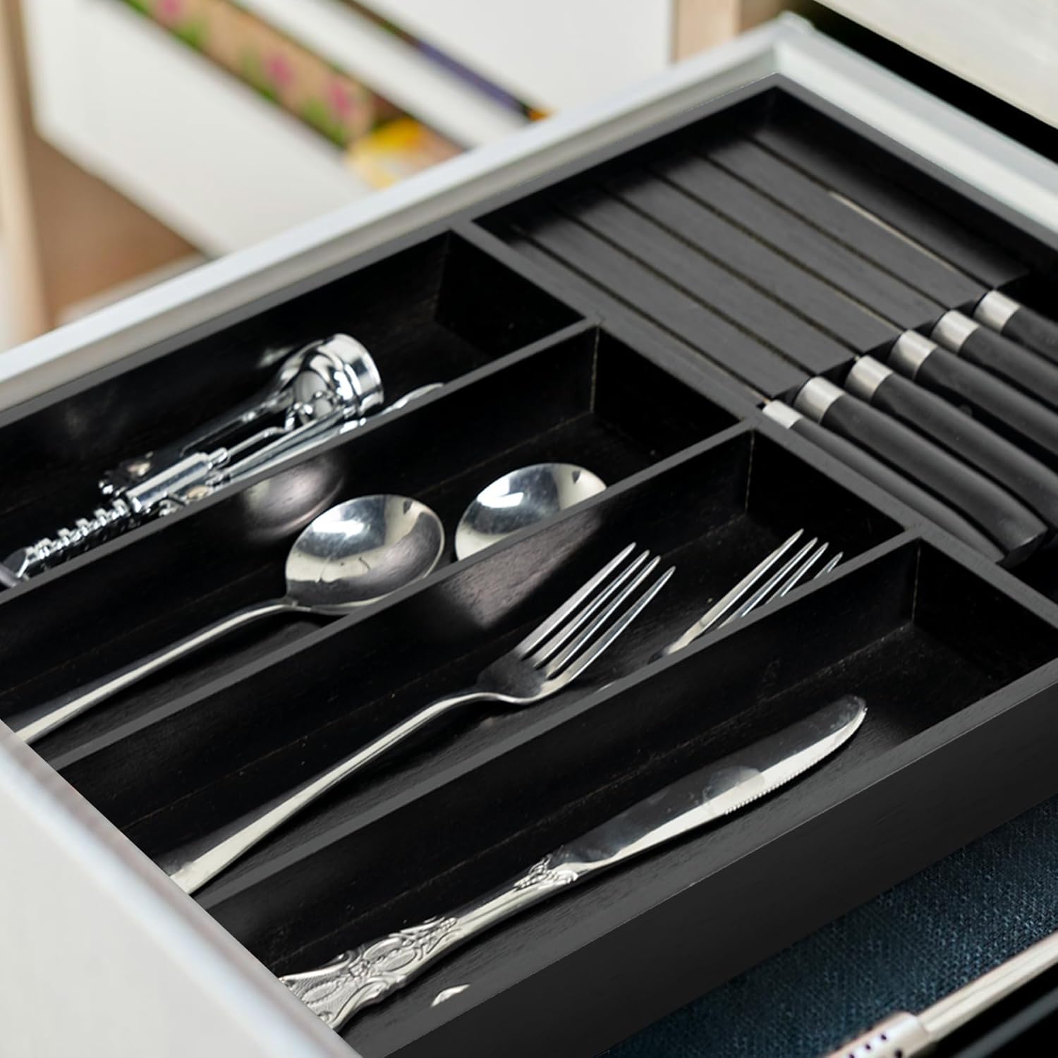 VaeFae Bamboo Silverware Organizer, Utensil Holder for Drawer, Wooden Cutlery Tray with Divider for
