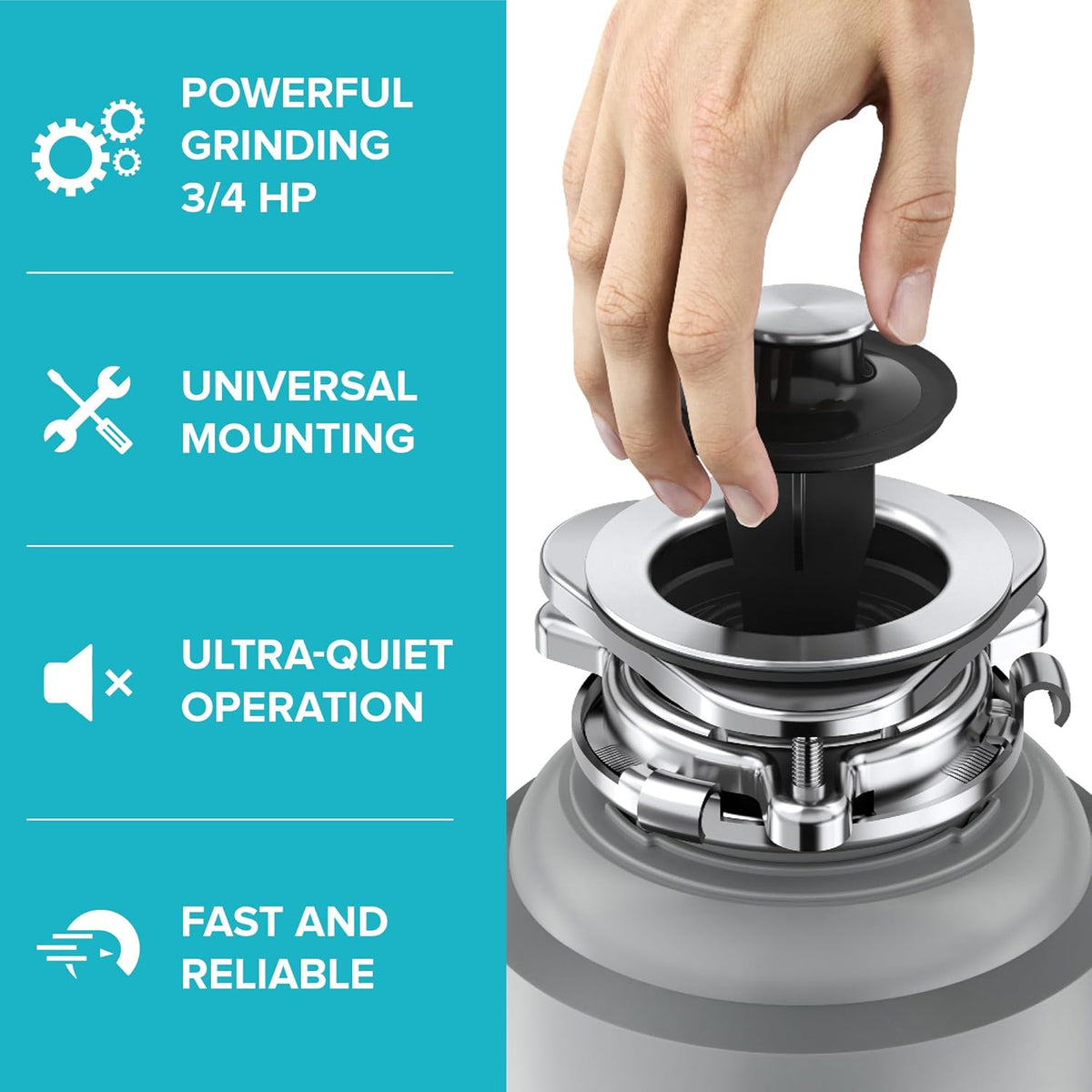 KRAUS WasteGuard High-Speed 3/4 HP Continuous Feed Ultra-Quiet Motor Garbage Disposal with Power
