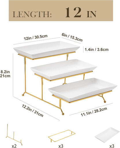 MALACASA 3 Tier Serving Trays for Party, 12 Inch Porcelain White Trays for Serving Food, Dessert