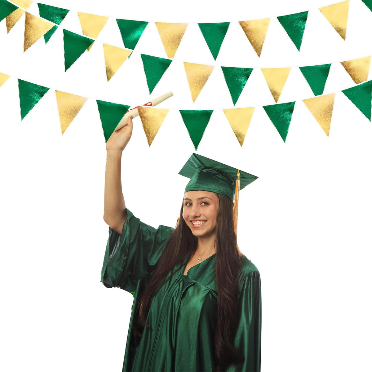 Green Gold Party Decorations Metallic Fabric Triangle Pennant Banner Flag Bunting Garland for
