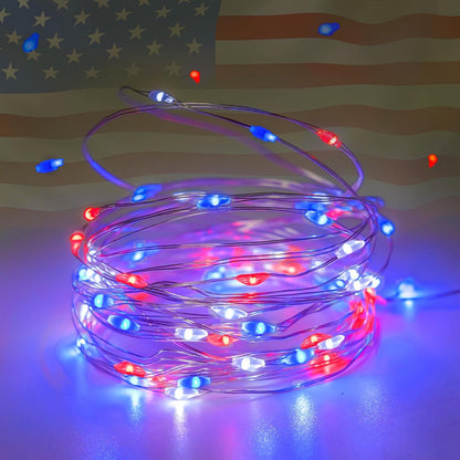 4th of July Decorations, 4-Pack Red White and Blue Fairy Lights Battery Operated with Timer