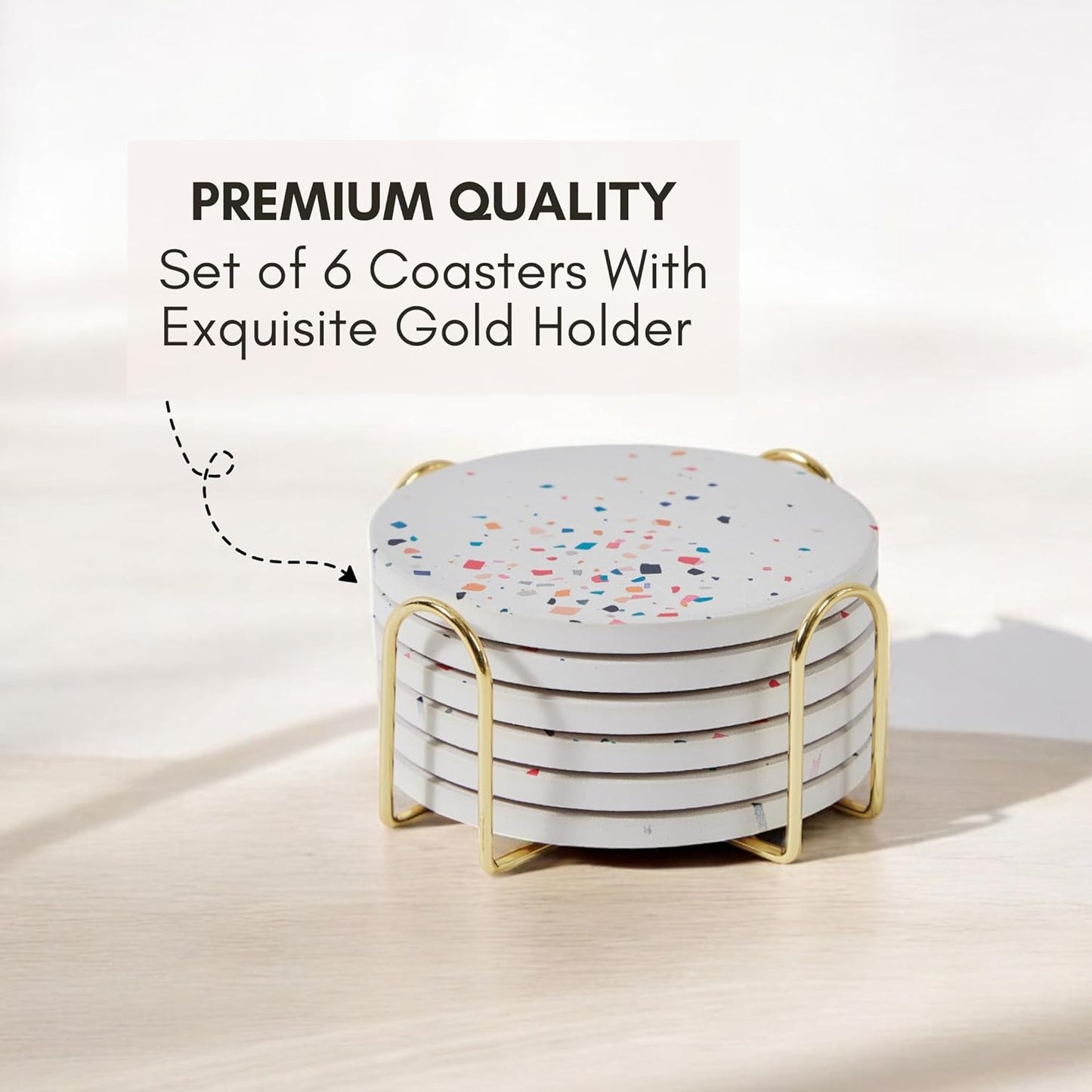Terrazzo Drink Absorbent Coasters with Holder Set of 6, Ceramic Coaster for Drinks, Coffee Table