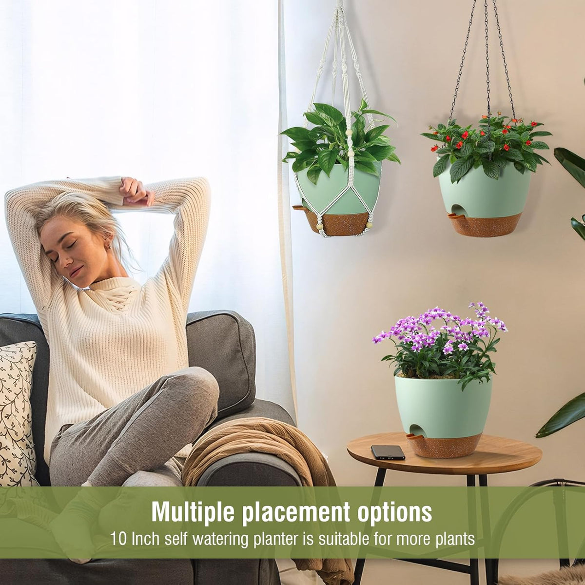 10 inch Self Watering Hanging Planters for Indoor Plants, 2 Pack Hanging Baskets for Outdoor