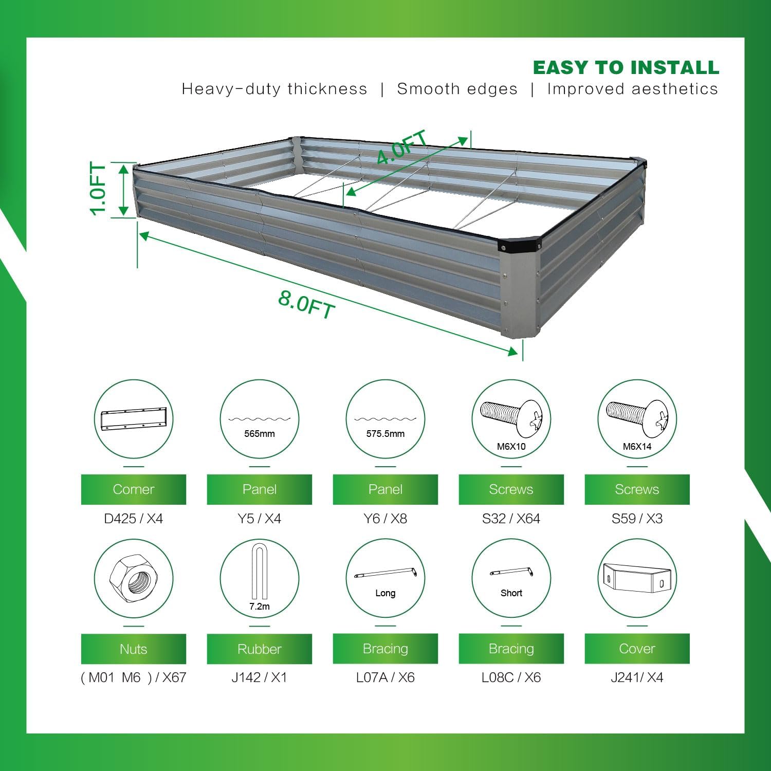GARDMAX 8x4x1FT Galvanized Raised Garden Bed Kit, Metal Planter Boxes Outdoor with Easy Assembly