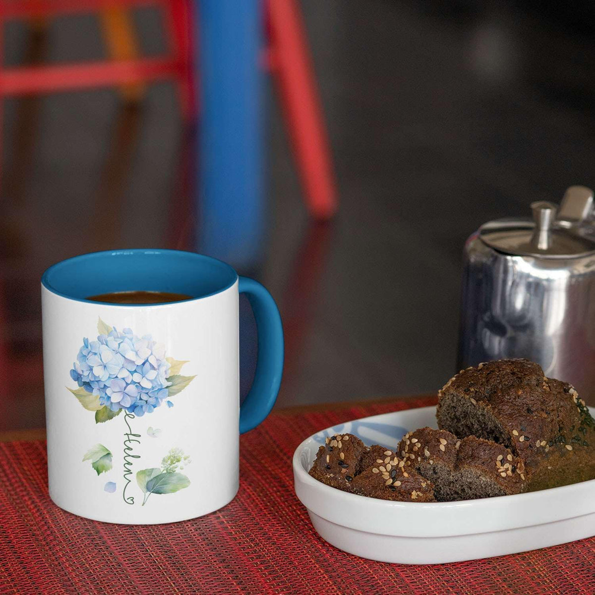 Custom Hydrangea Blossom Design Mug, Personalized Name Blue Flower Coffee Cup, Customized Flower