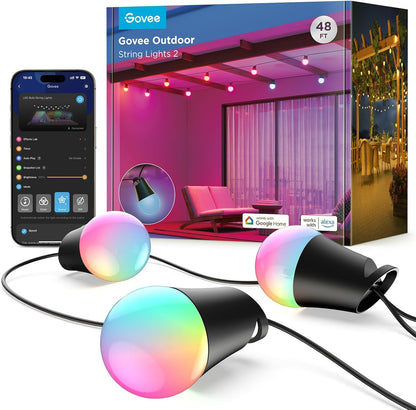 Govee Smart Outdoor String Lights 2, 48ft Outdoor Lights with Dimmable Warm White LED Bulbs, 47