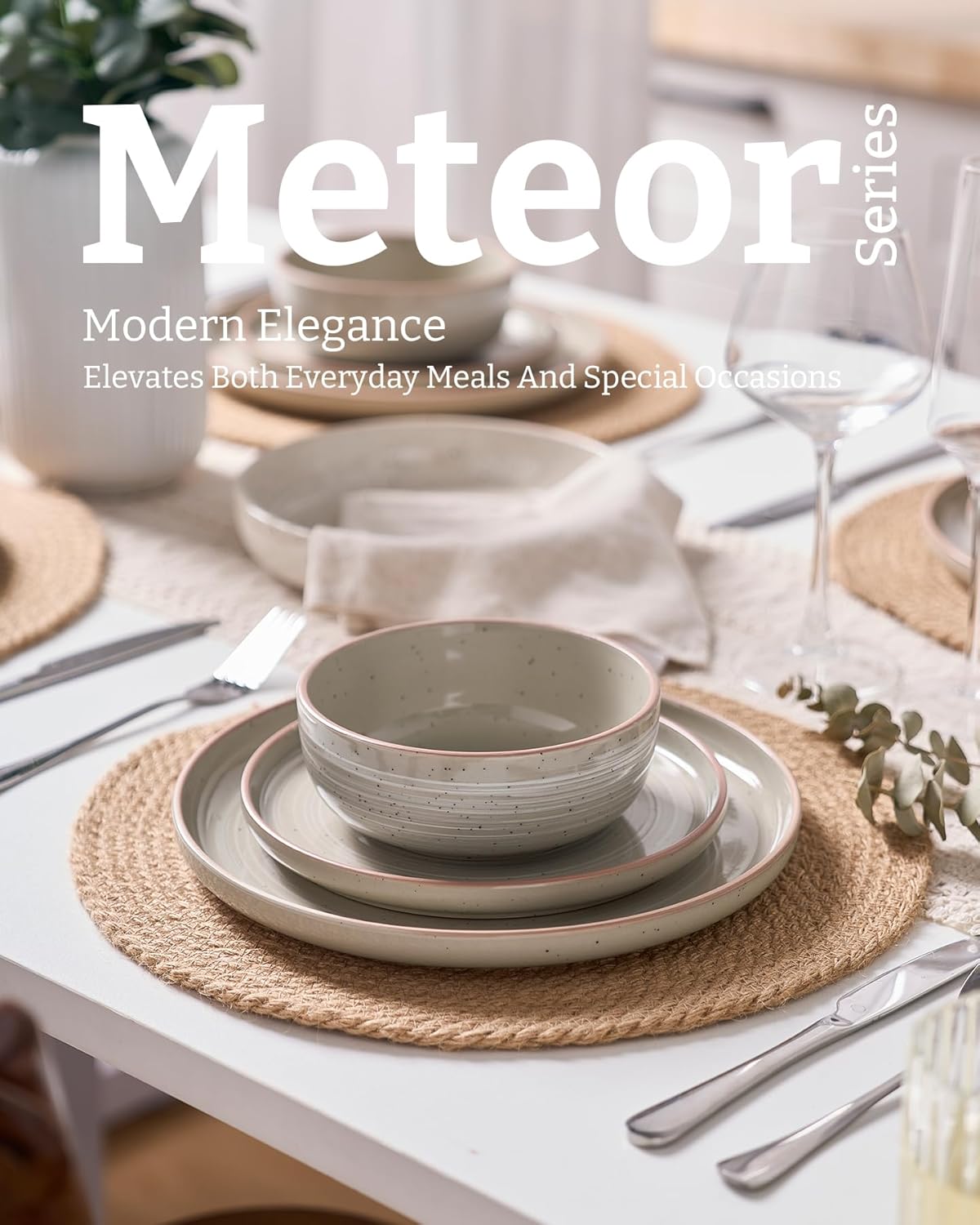 Famiware Meteor Plates and Bowls Sets for 4, 12 Pieces Dinnerware Sets, Microwave and Dishwasher
