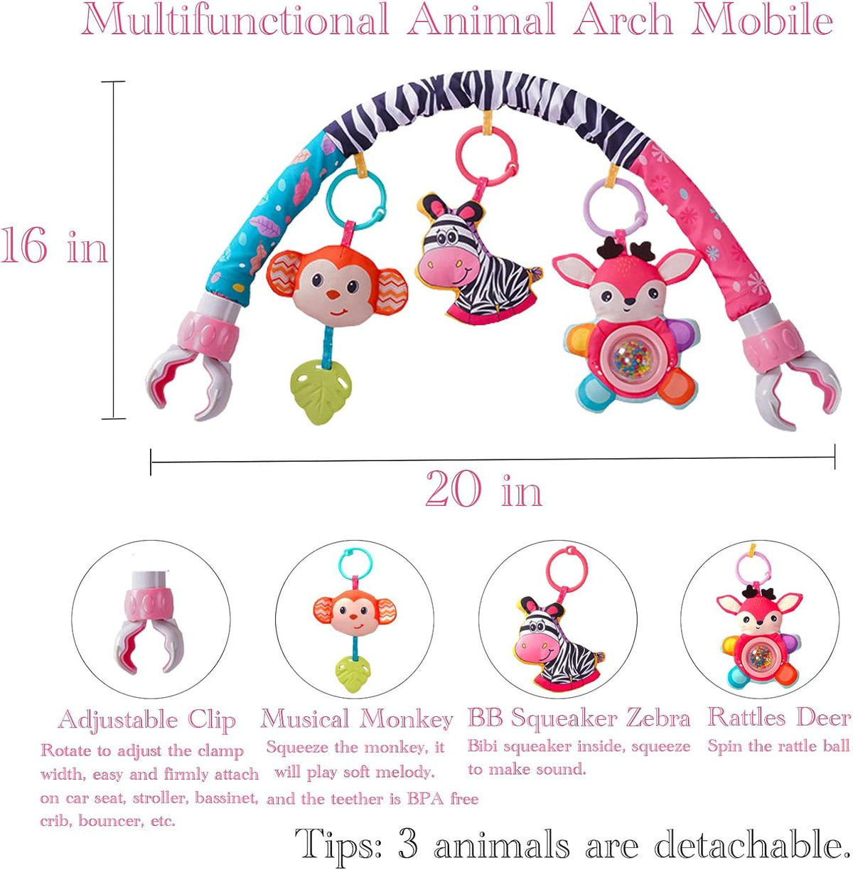 Crib Mobile for Girls, Baby Arch Mobile for Bassinet with Universal Clamps, Versatile Toy Bar for
