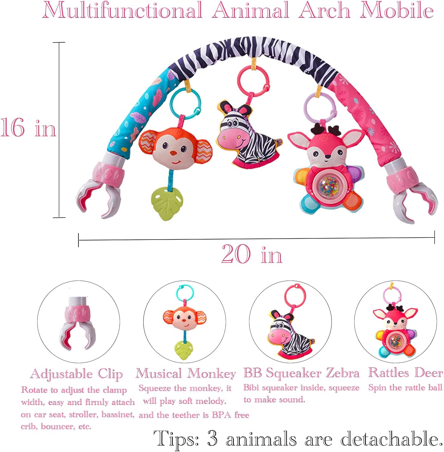 Crib Mobile for Girls, Baby Arch Mobile for Bassinet with Universal Clamps, Versatile Toy Bar for
