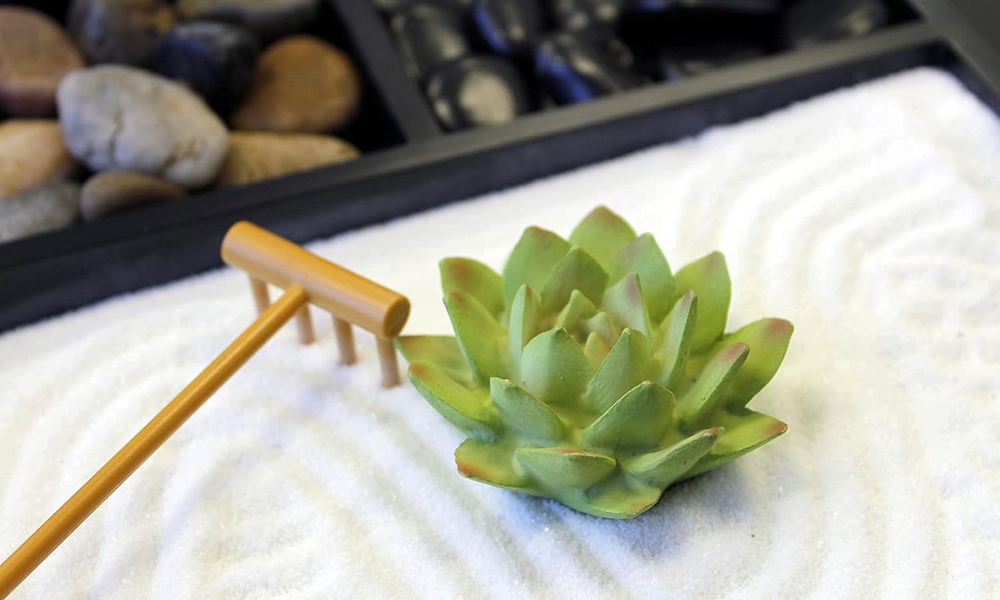 Nature's Mark Mini Zen Garden Kit for Desk with Rake, White Sand, Lotus Figure, 3 Sections Black