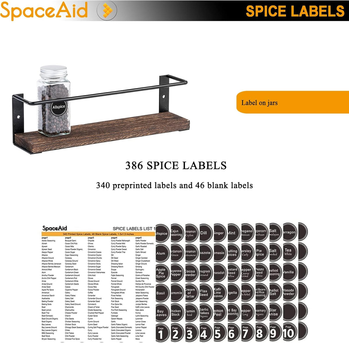 SpaceAid Spice Rack with 24 Spice Jars, 386 Spice Labels, Chalk Marker and Funnel, Wood Hanging